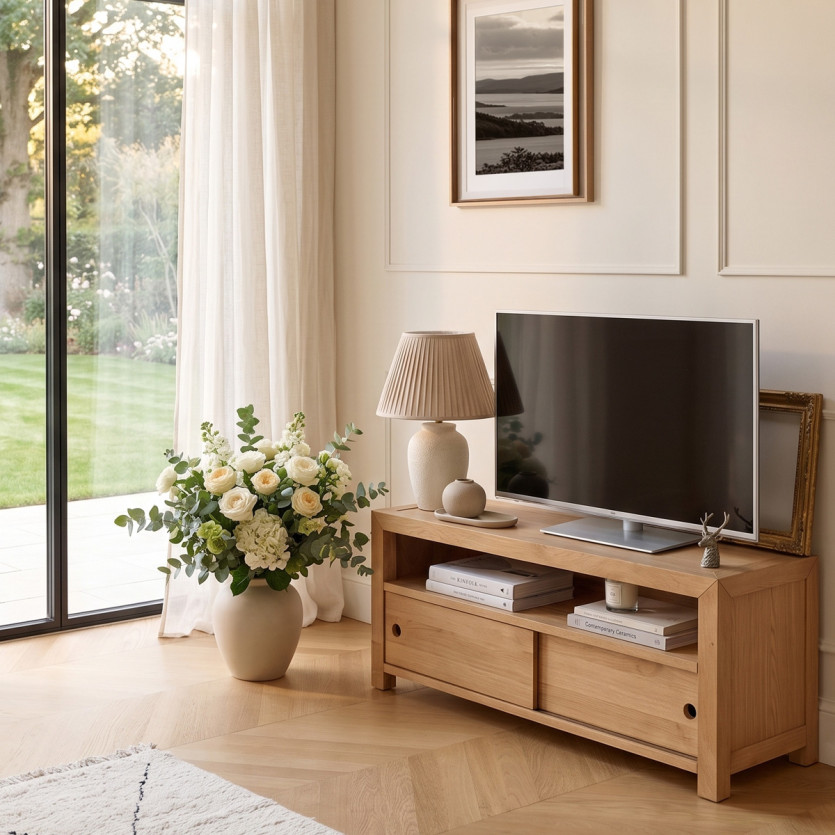 TV Unit PAOLA - Contemporary style in oak, 2 sliding doors, 100 cm