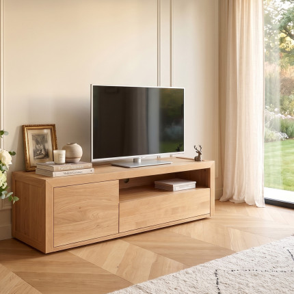 Meuble TV CAMILLE - Style contemporain, plateau en chêne,1 tiroir, 1 porte, 140 cm