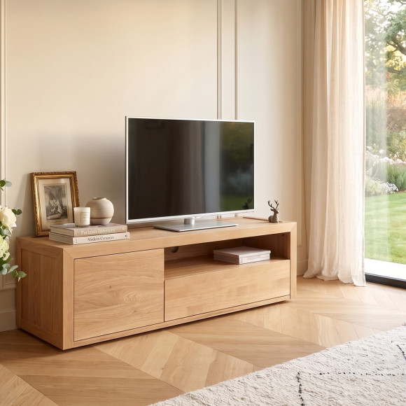 Meuble TV CAMILLE - Style contemporain, plateau en chêne,1 tiroir, 1 porte, 140 cm