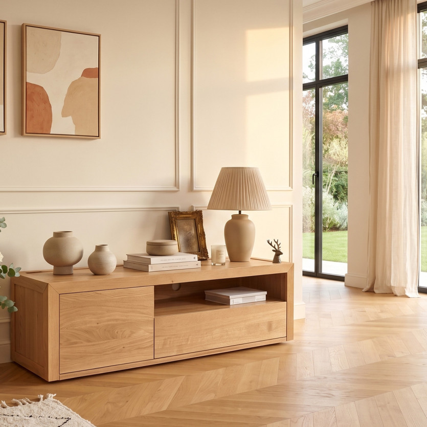 Meuble TV CAMILLE - Style contemporain, plateau en chêne,1 tiroir, 1 porte, 140 cm