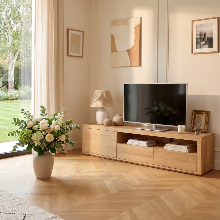TV-meubel CAMILLE - Hedendaagse stijl, eiken blad, 2 laden, 1 deur, 180 cm