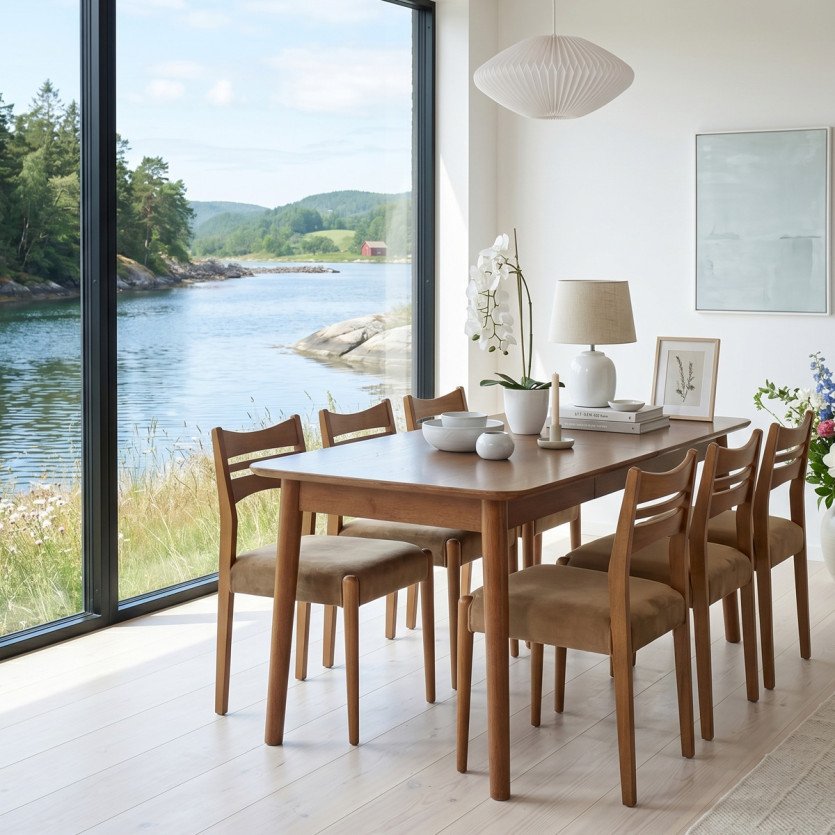 Mesa de comedor rectangular SOLO - Estilo escandinavo, patas de madera maciza, 4/6 personas