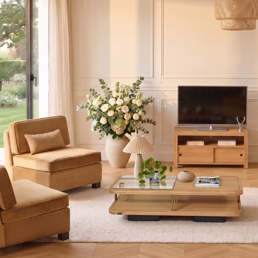 TV Unit PAOLA - Contemporary style in oak, 2 sliding doors, 100 cm