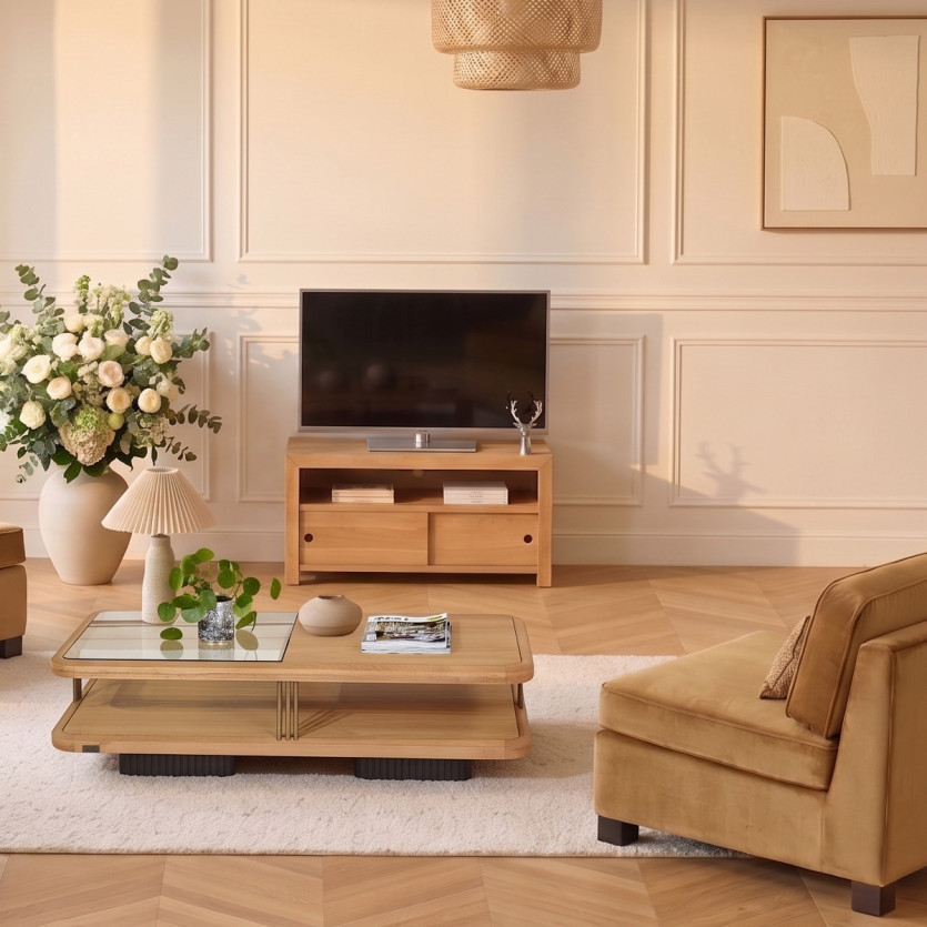 Mueble TV PAOLA - Estilo contemporáneo en roble, 2 puertas correderas, 100 cm