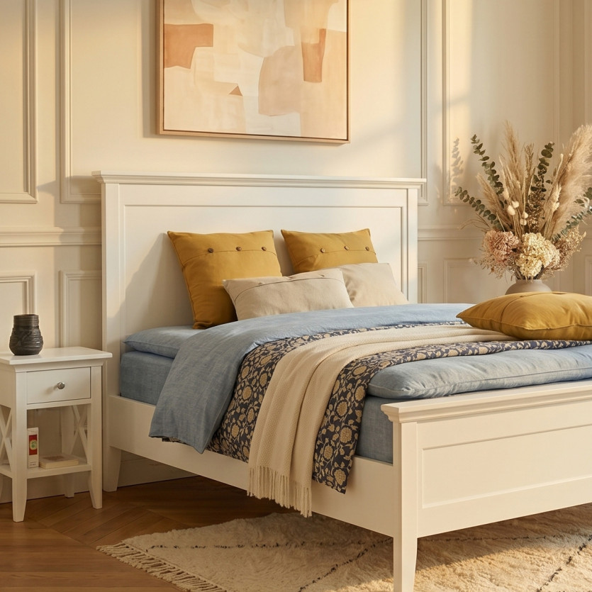 VANESSA - Cama de casal estilo à beira-mar em pinho laqueado branco, 160 x 200