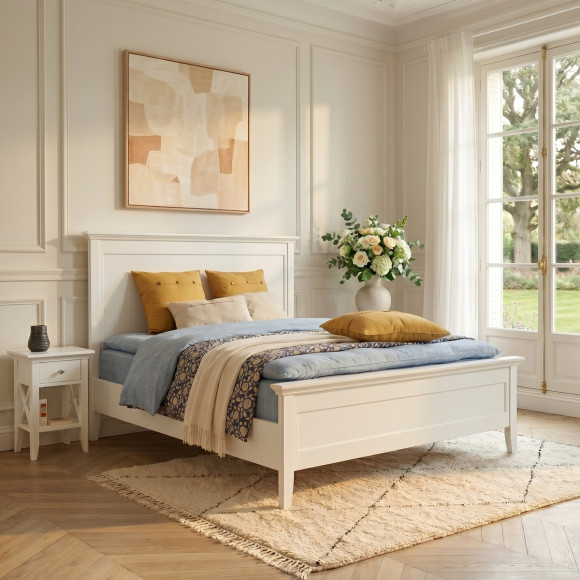 VANESSA - Cama de casal estilo à beira-mar em pinho laqueado branco, 160 x 200