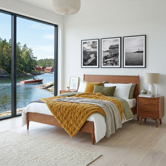 Cama doble DALHIA - Estilo escandinavo en madera, 150 x 200, tamaño inglés