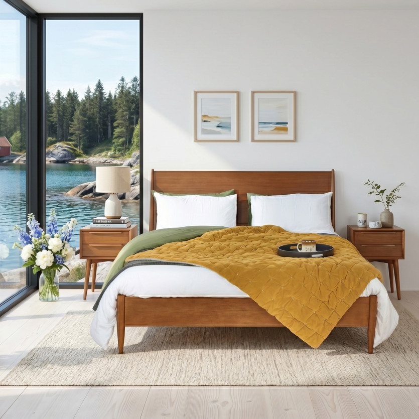 Cama de casal DALHIA - Estilo escandinavo em madeira, 150 x 200, tamanho inglês