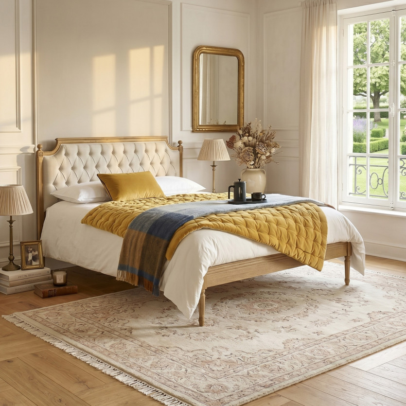 Cama doble JAMES - Estilo romántico en roble y lino algodón 140 x 190 cm
