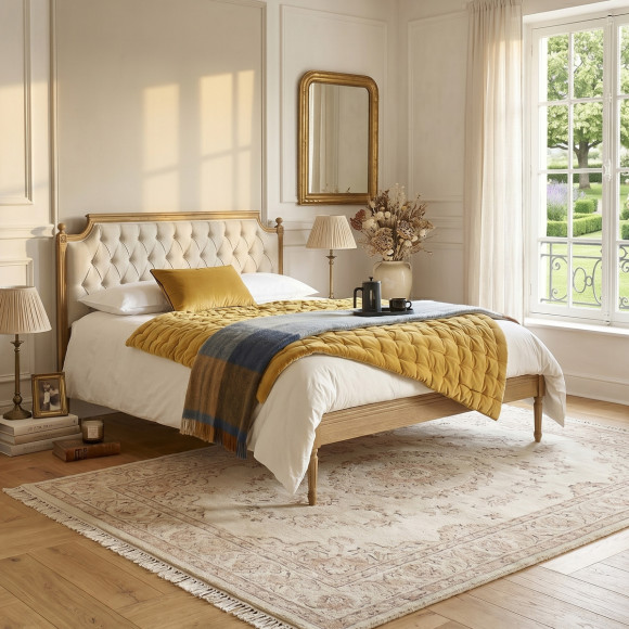 Tweepersoonsbed JAMES - Romantische stijl in eikenhout en linnen katoen 140 x 190 cm