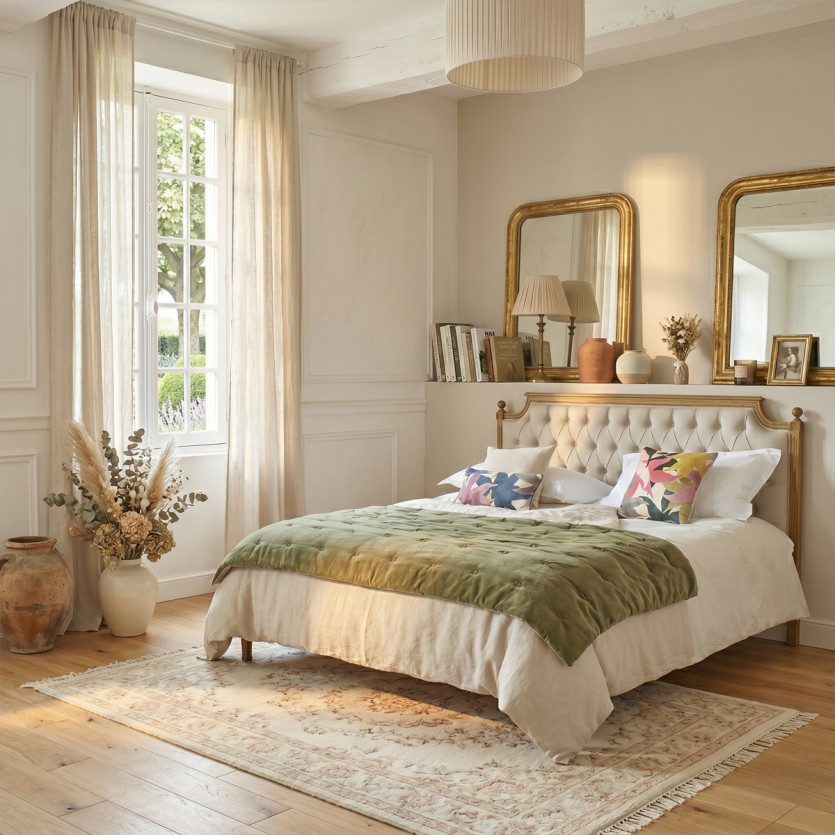 Lit deux places JAMES - Style romantique en chêne et lin coton 140 x 190 cm