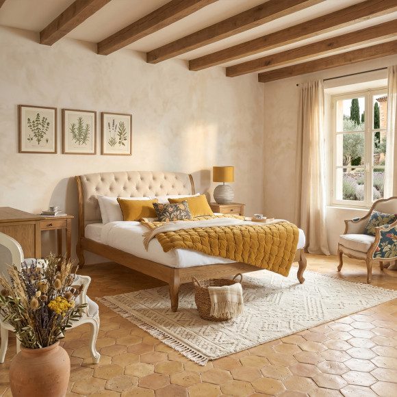 RICHARD - Lit deux places, style romantique en chêne et lin coton 160 x 200