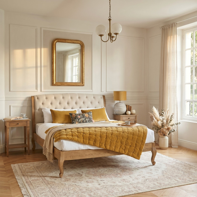 RICHARD Double Bed - Romantic style in oak and cotton linen 160 x 200