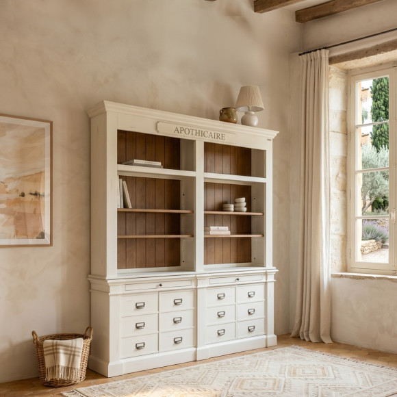 GUSTAVE - Biblioteca abierta de estilo clásico en madera, 4 puertas, 8 estantes, 2 cajones