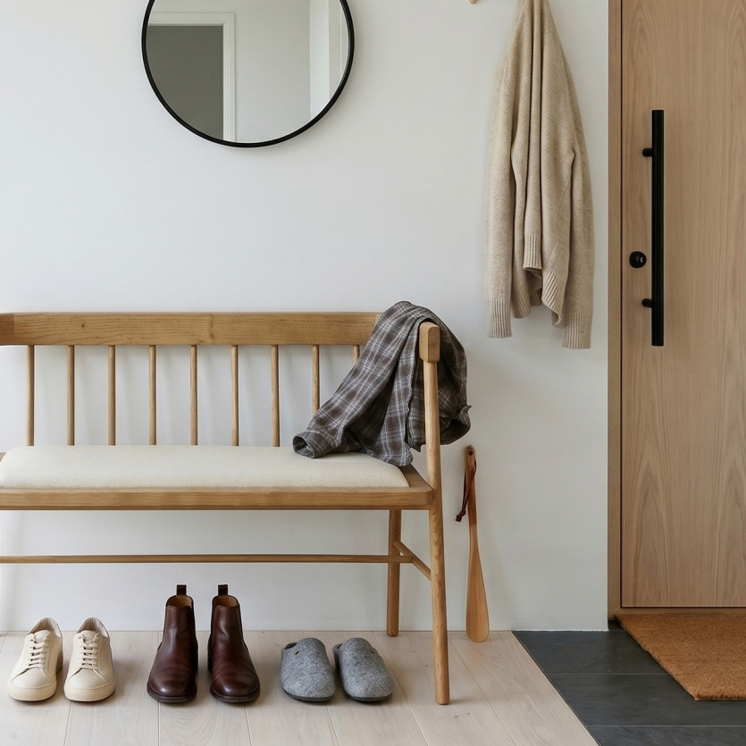 WILLIAM - Solid wood bench, contemporary style, linen cotton, 108 cm