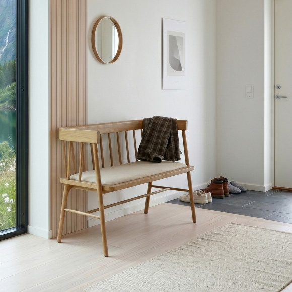 Banco WILLIAM - Estilo shabby chic en madera maciza, lino algodón, 108 cm