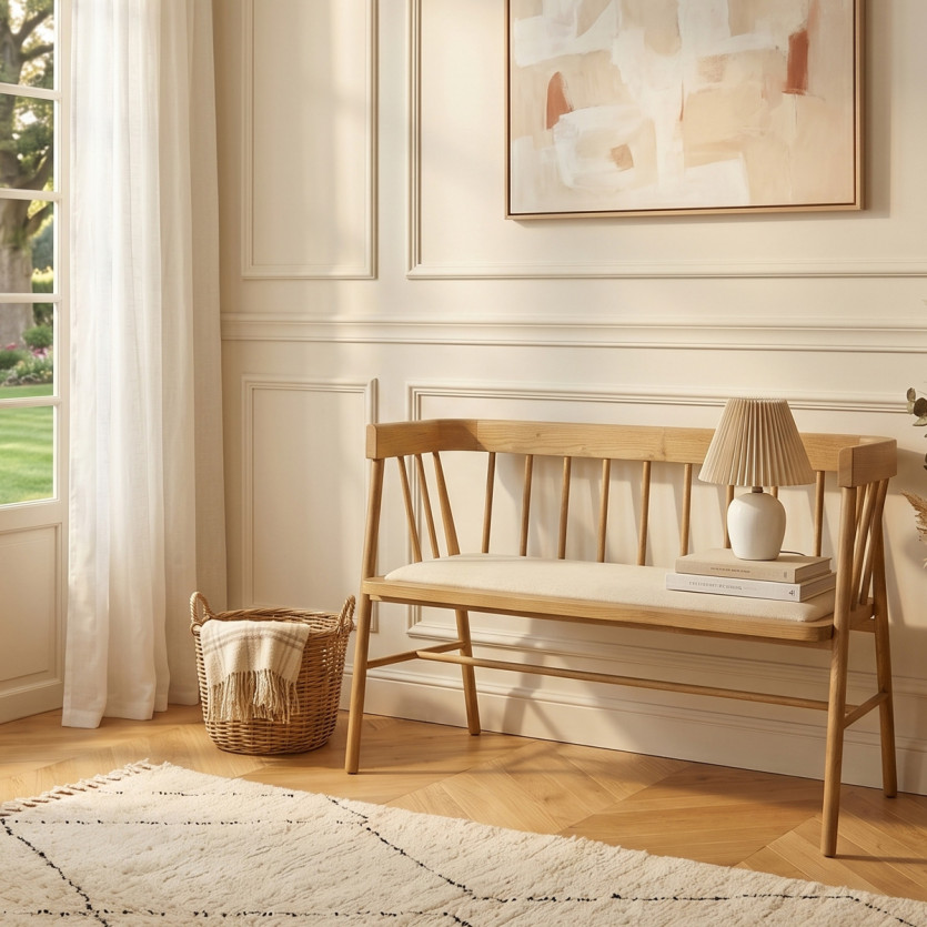 Banco WILLIAM - Estilo shabby chic em madeira maciça, linho algodão, 108 cm
