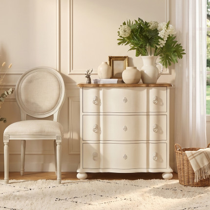 Piccola cassettiera a balestra LAUREN - Stile shabby chic, piano in rovere, 3 cassetti