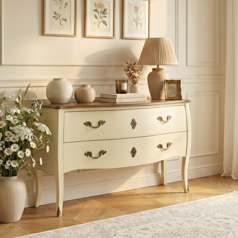 ALIENOR - Cómoda blanca estilo Luis XV, encimera de roble, 2 cajones - madera certificada FSC®