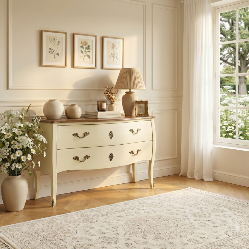 ALIENOR - Cómoda blanca estilo Luis XV, encimera de roble, 2 cajones - madera certificada FSC®