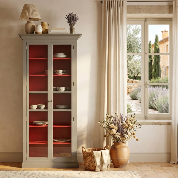 EMILY - Vitrinenschrank im Shabby-Chic-Stil, grau lackiert, 2 Türen, 6 Regale