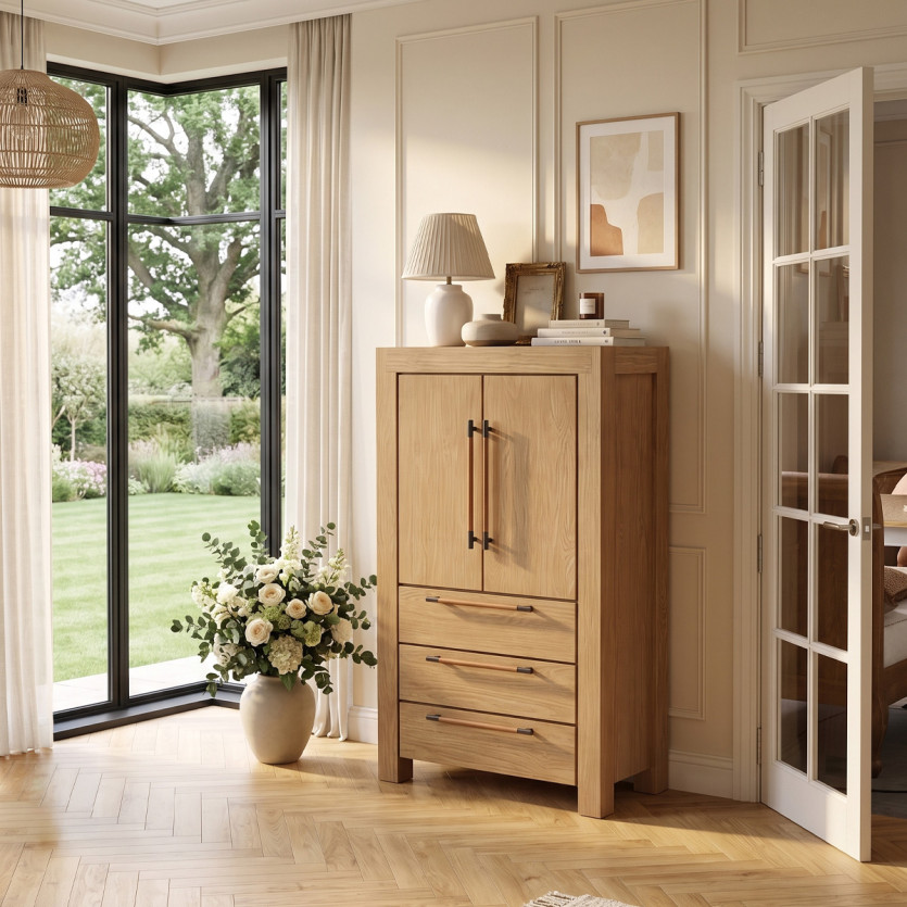 MEGEVE – Piccolo armadio in stile contemporaneo, 2 ante, 3 ripiani, 3 cassetti, legno certificato FSC®