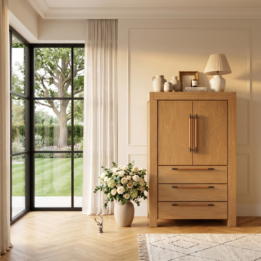 MEGEVE – Kleiner Schrank im zeitgenössischen Stil, 2 Türen, 3 Regale, 3 Schubladen, FSC®-zertifiziertes Holz