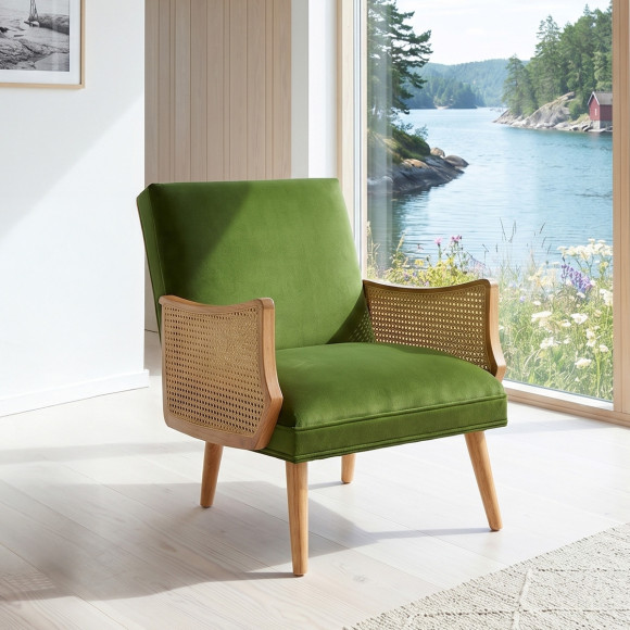 CUBA - Scandinavische stijl fauteuil met rotan en vintage groene fluweel, 1 zitplaats