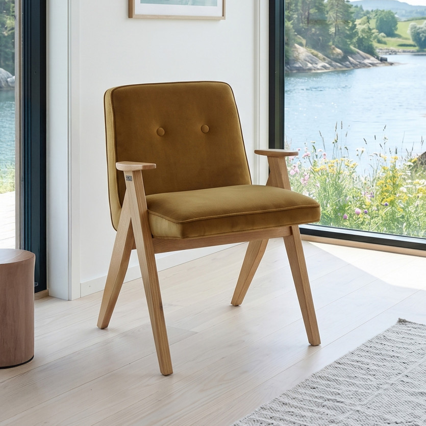 BILLY - Vintage-style armchair in solid wood and cotton velvet, 1 seat