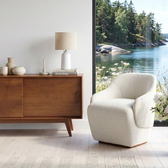PRESLEY - Fauteuil style nordique en tissu polyester bouclette blanc, 1 place