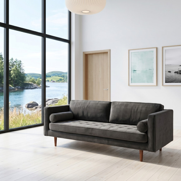 JONAS - Divano in stile scandinavo in velluto e legno, seduta trapuntata, 3 posti