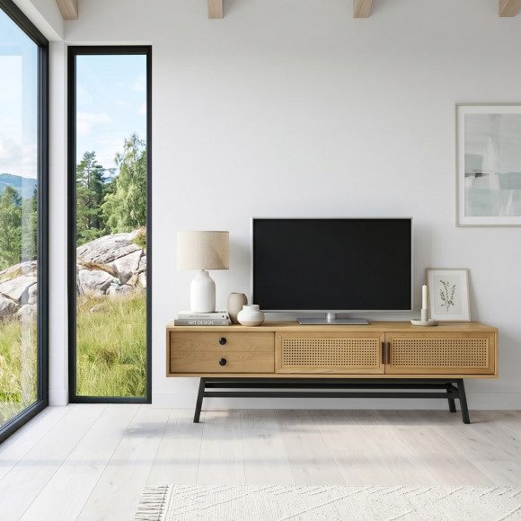 LALALA - Móvel de TV estilo escandinavo em madeira e rattan, 2 portas, 1 gaveta