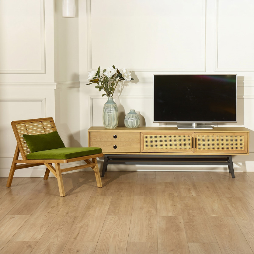 LALALA - Móvel de TV estilo escandinavo em madeira e rattan, 2 portas, 1 gaveta