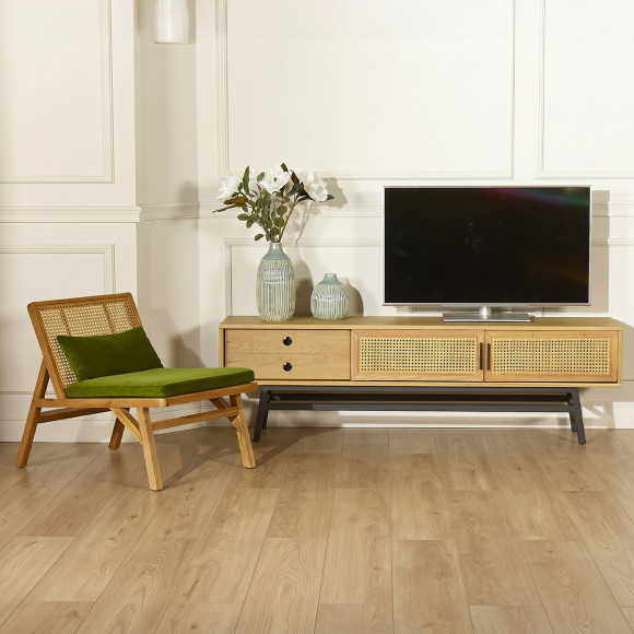 LALALA - Móvel de TV estilo escandinavo em madeira e rattan, 2 portas, 1 gaveta