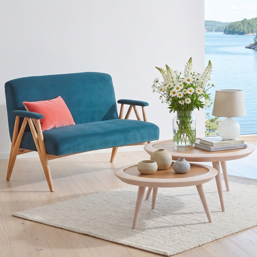 WILLY - Panchetta in stile scandinavo in velluto e legno massiccio, 2 posti