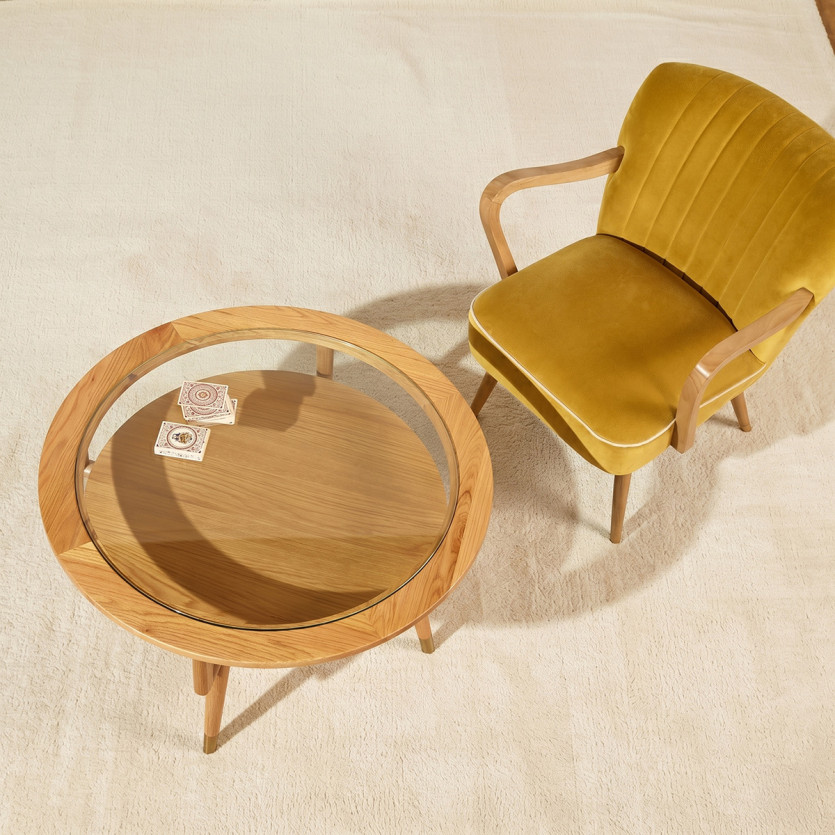 MANHATTAN - Round double-tier coffee table, modern style in oak and tempered glass, FSC® certified wood