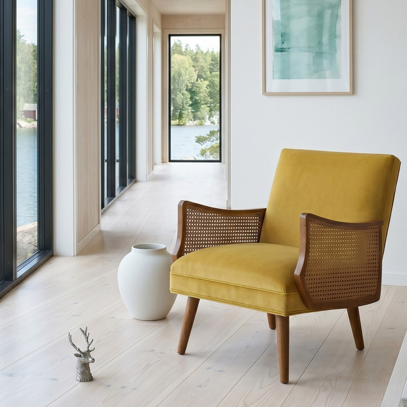 CUBA - Nordic style armchair in velvet, solid wood, and rattan armrests, 1 seat
