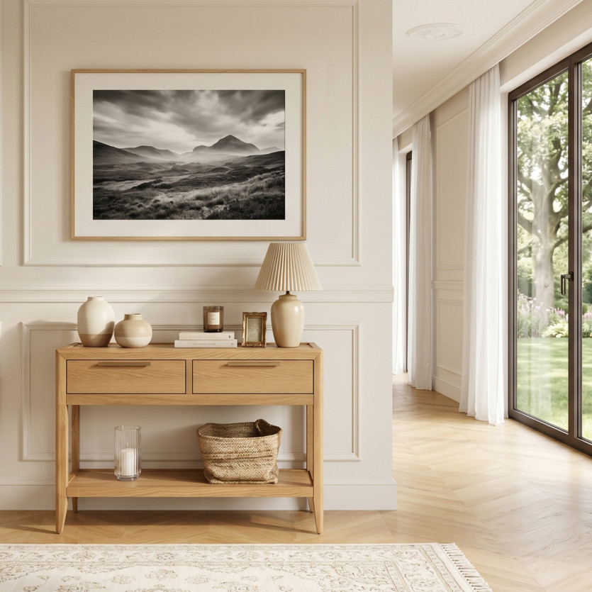 Console d'entrée TENNESSEE - Style contemporain, plateau en chêne, 2 tiroirs