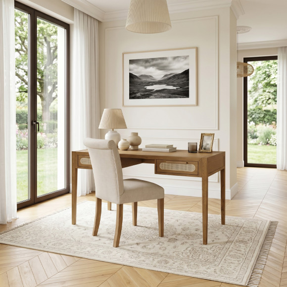 MONTANA – Scrivania in rovere, paglia di Vienna e ottone stile moderno, 2 cassetti