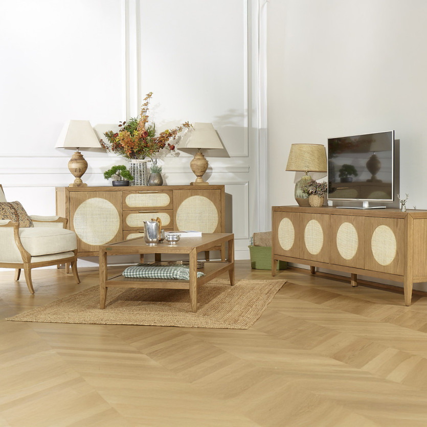 MONTANA - Meuble TV style moderne en chêne et cannage, 4 portes