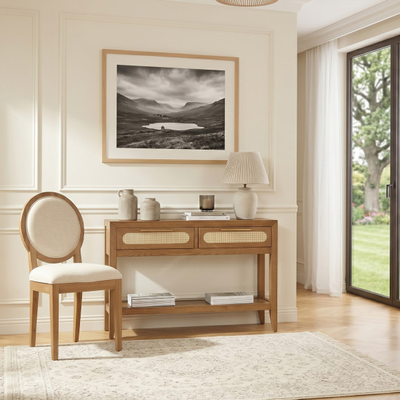 Console MONTANA - Style contemporain, plateau en chêne, 2 tiroirs, 1 étagère