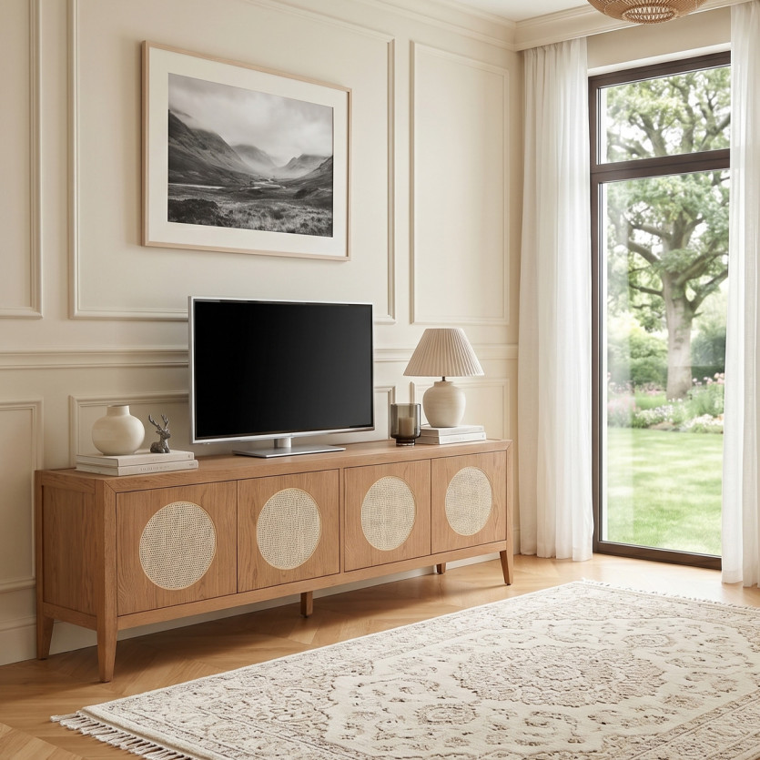 MONTANA - Meuble TV style moderne en chêne et cannage, 4 portes