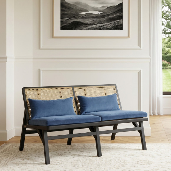LALALA - Banco estilo vintage em carvalho laqueado preto, rattan e veludo, 2 lugares