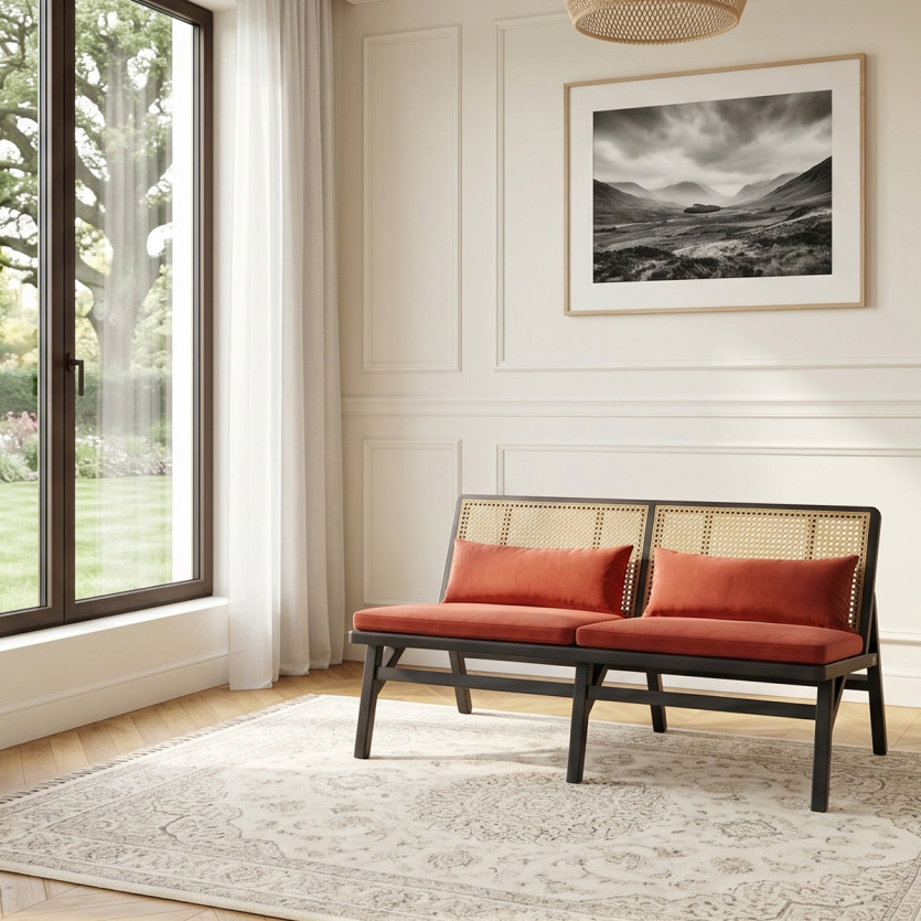LALALA - Vintage-Stil Bank aus schwarz lackierter Eiche, Rattan und Samt, 2 Plätze.