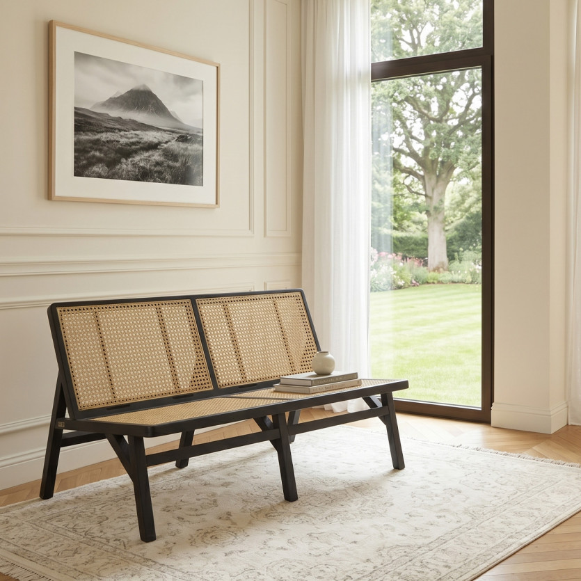 LALALA - Vintage-Stil Bank aus schwarz lackierter Eiche, Rattan und Samt, 2 Plätze.