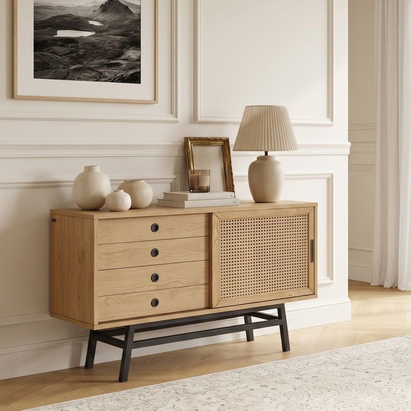 LALALA - Buffet in rovere e metallo, 1 anta, 2 cassetti, 120 cm