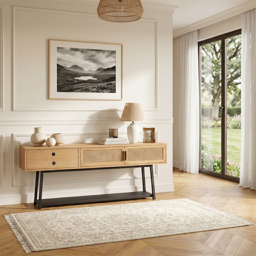 Console LALALA - Style scandinave en chêne, cannage et métal, 2 portes, 1 tiroir