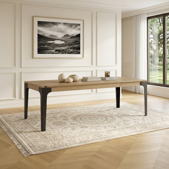 Table à manger SEATTLE - Style industriel, 10/12 couverts, plateau en chêne, bois certifié FSC®
