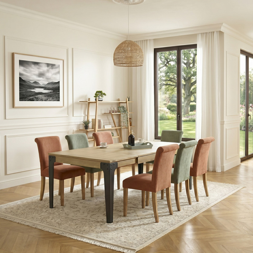 BALTIMORE - Table à manger extensible carrée, style industriel en bois et métal, 8/10 couverts