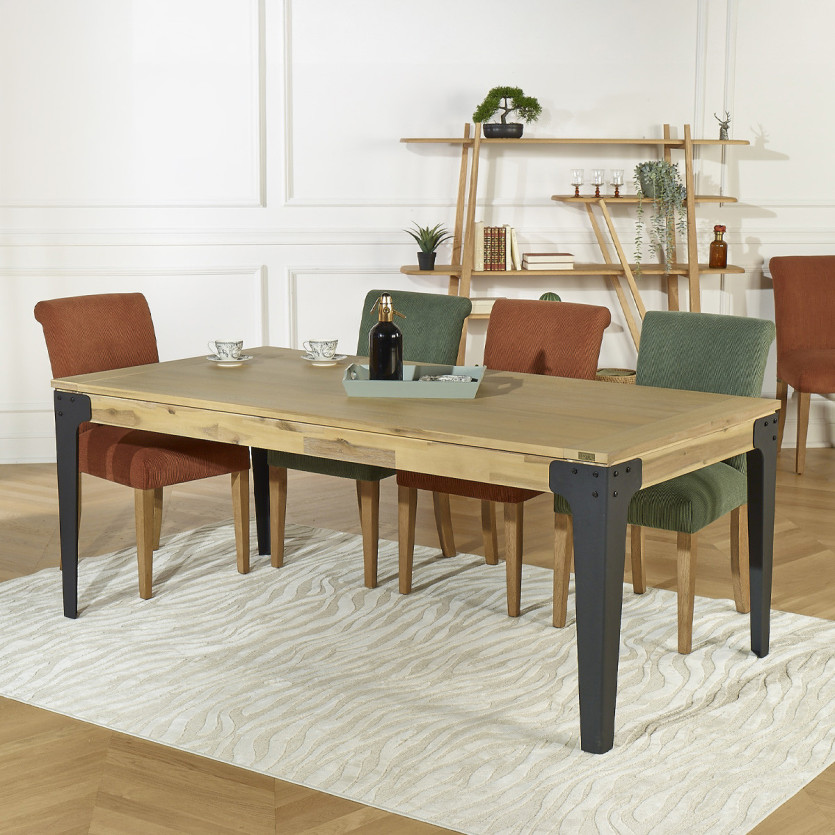 Table à manger extensible BALTIMORE - Style moderne, bois et métal, 8/10 couverts